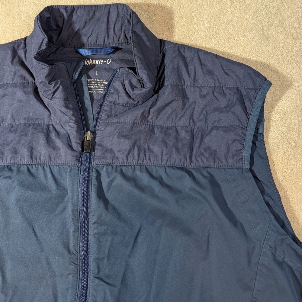 johnnie-O Mens Navy Blue Full Zip Quilted Panel Vest Large L Mock Neck Golf
